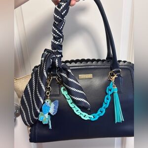 Bag Accessory Bundle with charms and scarf in shades of Blue.